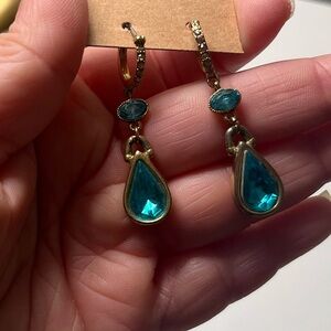 Gold-Tone Teardrop Dangle Earrings with Blue Gemstones